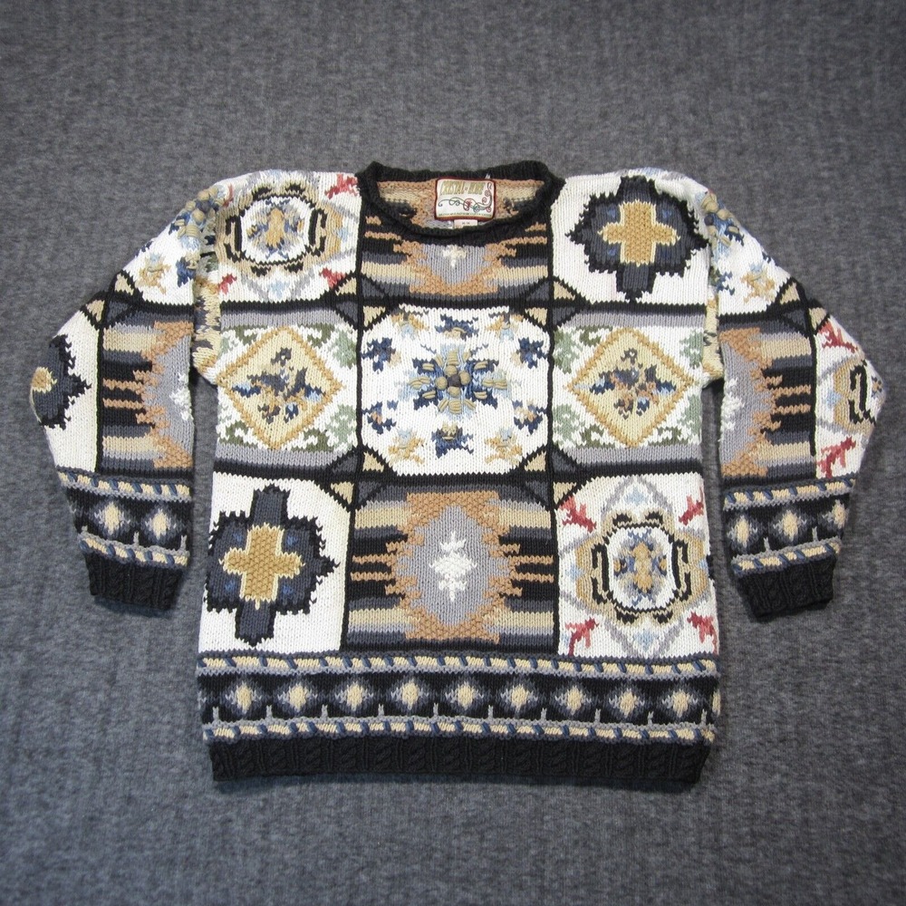 Vtg Crystal Kobe 3D Knit Sweater Women M Chunky Patchwork Grandma Granny 80s 90s